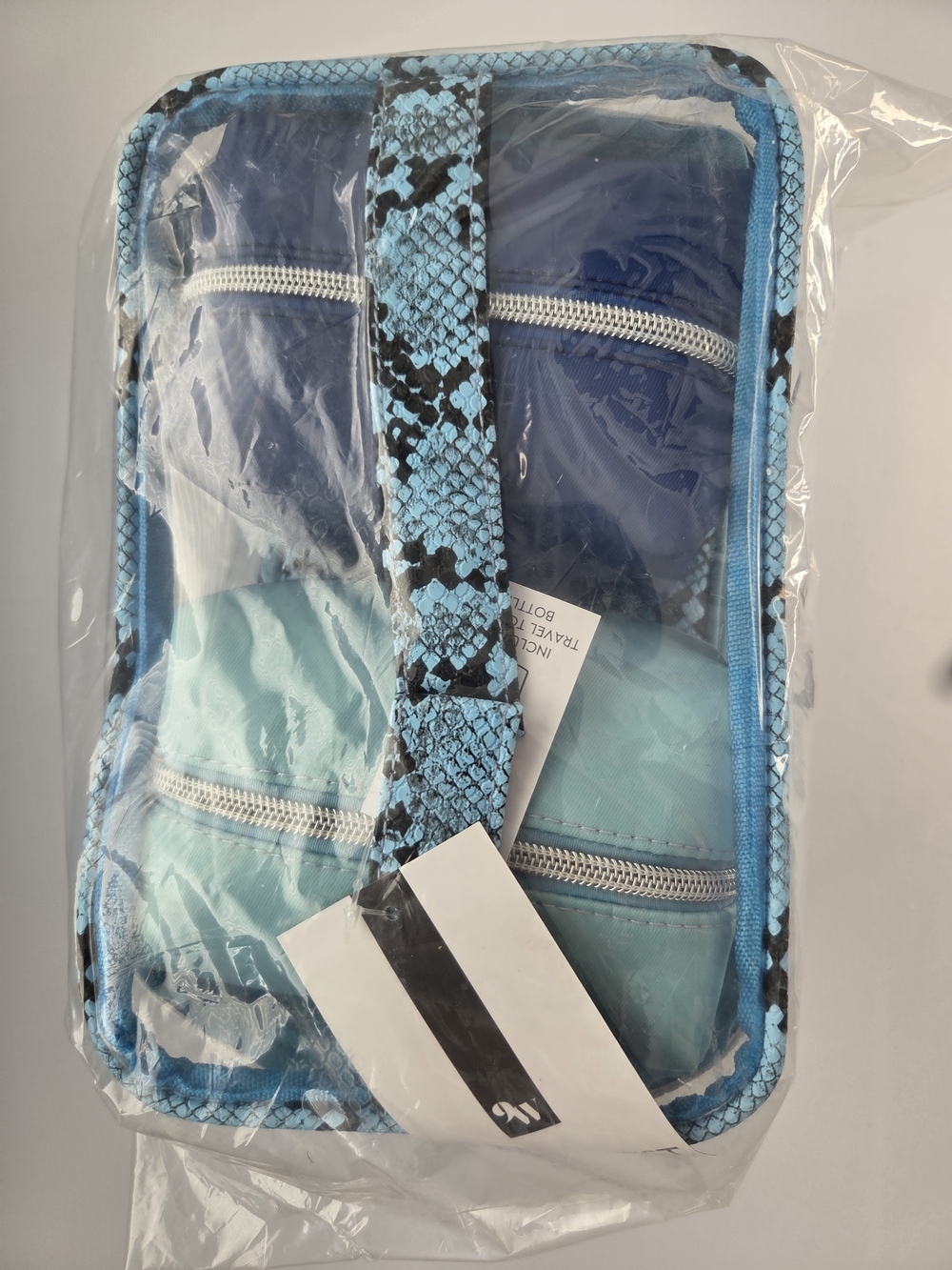Blue Two-Tone Travel Cosmetic Bag with Snake-Print Trim